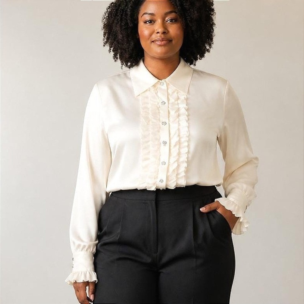 Vintage Talbots Boutique Silk Ivory Ruffle Blouse Women's Size 16 Rhinestones